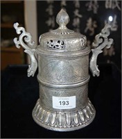 Silver coloured covered ceremonial vessel,