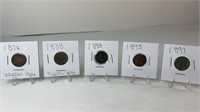 (5) 1880s INDIAN HEAD PENNIES