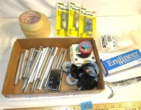 Lot: Hinges, Spouting Spikes, Dymo Tape, Safety Gs