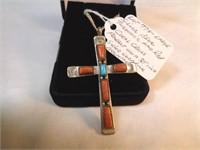 LARGE BLUE TURQUOISE /CORAL CROSS PEND. NECKLACE