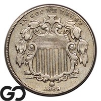 1869 Shield Nickel, Choice AU++