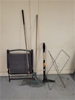 Garden tools, lawn chair, trash bag holder