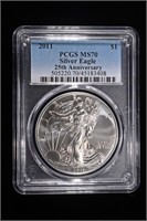 2011 AMERICAN SILVER EAGLE PCGS MS70 25TH ANNIV