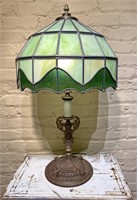 Early 20th C Stained Glass Panel Lamp Green