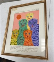 Signed Becky Framed Colorful Cats