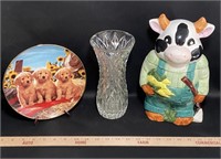 Ceramic Cow Cookie Jar/Glass Vase/Puppy Plate