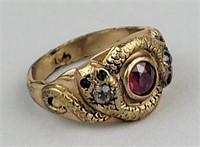 Gold Tone, Red Gemstone & Diamond Ring.