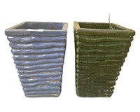 (2) 15" Green & Blue Glazed Art Pottery Planters