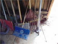 Assorted yard tools-rakes, hoe, shovels
