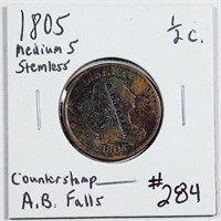 1805 Medium 5 Stemless  Half Cent  Counterstamp