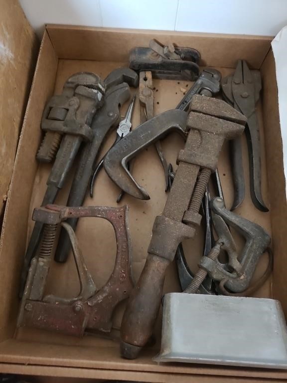 Vintage tools, adjustable wrenches, vise grips, an