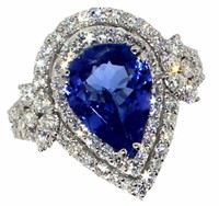 18k Gold 4.15 ct Pear Cut Tanzanite & Diamond Ring