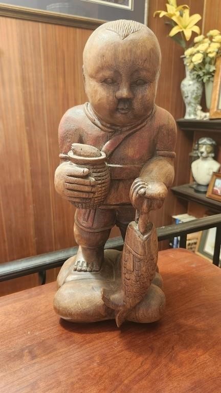 Wooden  Asian Hand Carved Fishermen Statue