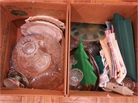Two boxes of vintage glass, table linens