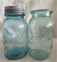 2 blue glass vintage ball Mason jars