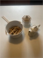 Sauce pan, cream, and sugar bowls, clothes pins