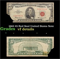 1963 $5 Red Seal United States Note Grades vf deta