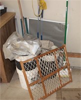 Contents of Corner, 5 gal. Buckets, Baby Gate,