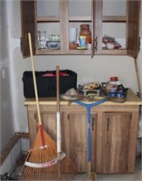 Contents of Cabinet, Ice Tongs, Yard Tools,