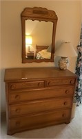 Vintage oak chest of drawers, wall mirror, lamp