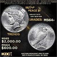 1927-p Peace Dollar $1 Graded ms64+ By SEGS