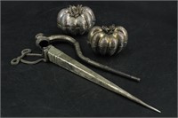 Grouping of Metal Pumpkins, Pipe, and Vessel