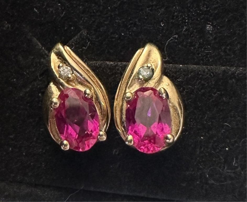 10K GOLD RUBY & DIAMOND EARRINGS 1.5G