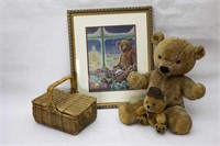Teddy Bear Framed Litho,Stuffed Bears & Basket