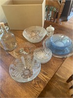 Box of clear glass dishes, bowls, platters,