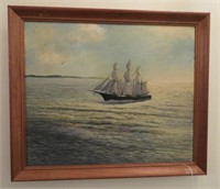 Framed Oil on canvas of sailing ship on bay by