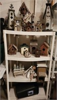 Plastic Shelving Unit w/ Collection of Bird Houses