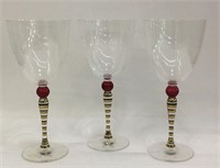Set Of 3 Wine Glasses With Red & Gilt Stems