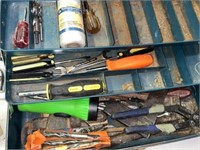 RUSTIC METAL TOOL BOX w SOME TOOLS