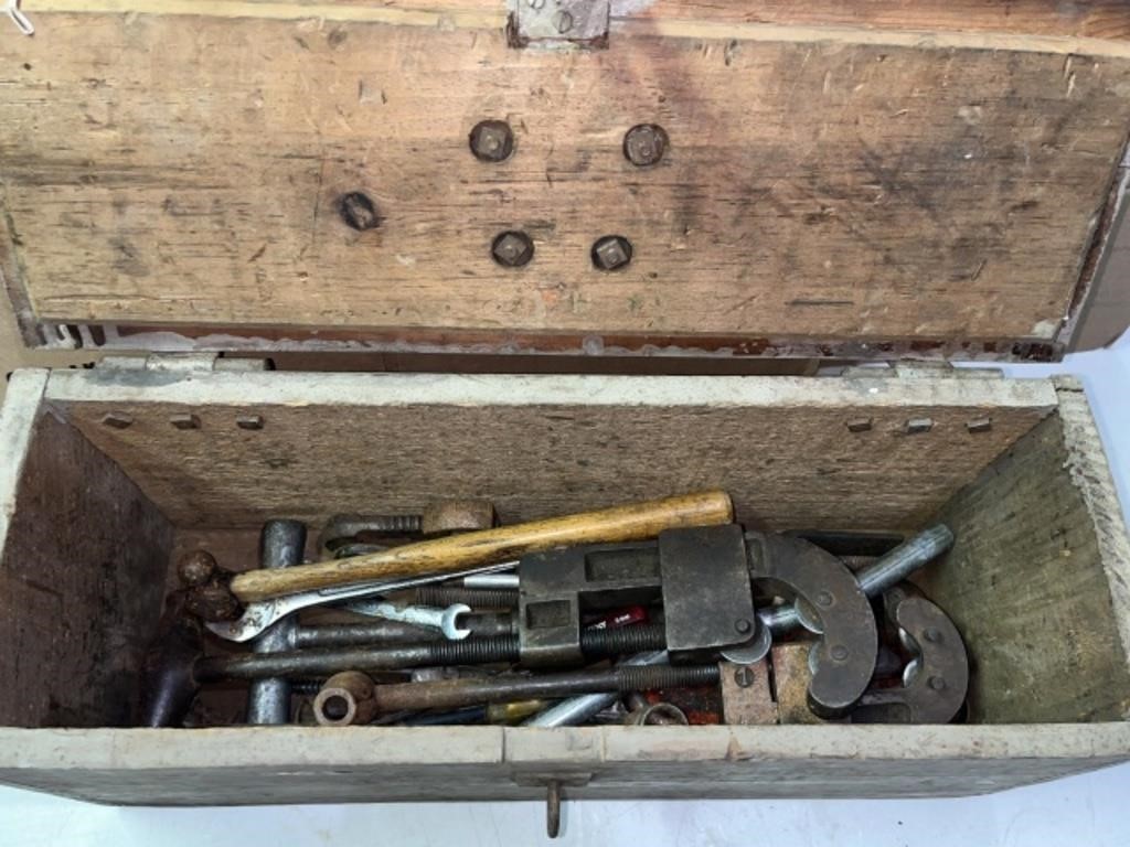 WOODEN TOOL BOX w SOME TOOLS