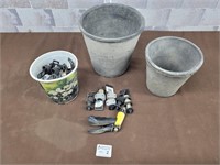 2 Cement flower pots, water hose fittings, etc
