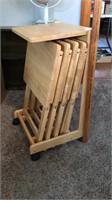 4-blonde wood TV Trays  & Cart -approx 30”  tall