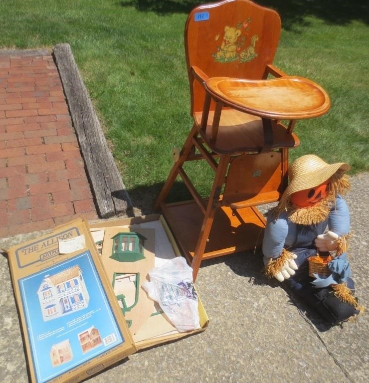 High chair, scarecrow, doll house