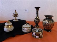 Brass & Inlay Trinket Boxes, Vases, India