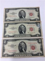 U S 2 Dollar Bills 1953 X 3 Circulated Condition