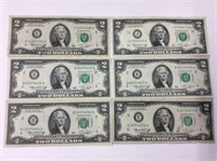U S 2 Dollar Bills 1976 X 6 Circulated Condition