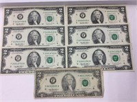 U S 2 Dollar Bills 1995 X 7 , Circulated Condition