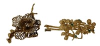 2- 18KT YELLOW GOLD BROOCHES, 1 WITH DIAMONDS & 1