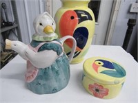 Parrot Vase, Covered Dish, Goose Teapot cracked