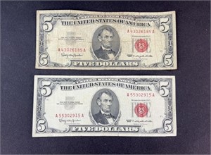 (2) 1963 RED SEAL LARGE LETTER $5 DOLLAR BIL