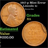 1917-p Lincoln Cent Mint Error 1c Grades f+