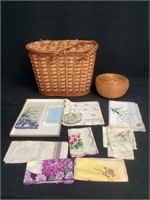 Woven Basket Purse, Basket & Silk Handkerchiefs