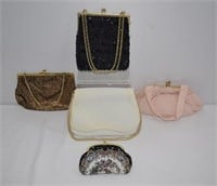 5pc Vtg Beaded, Embroidered, Fabric, Clasp Purses