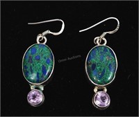 Sterling Silver, Azurite, and Amethyst Earrings