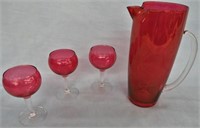 CRANBERRY PITCHER &  GLASSES W/ CLEAR STEM