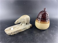 Lot with small ice jar and soapstone carving can b